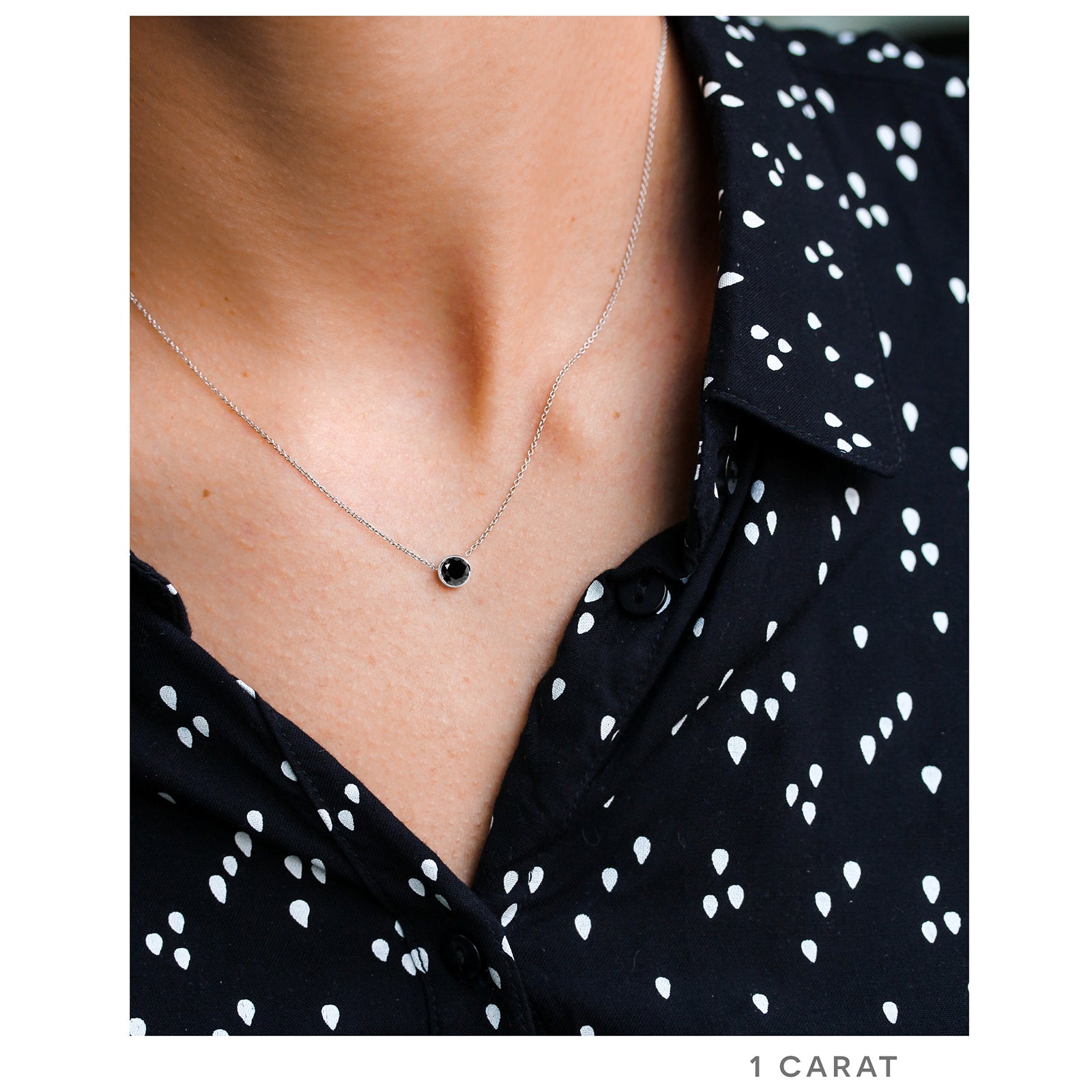 1 carat black diamond solitaire bezel necklace - sample on a model