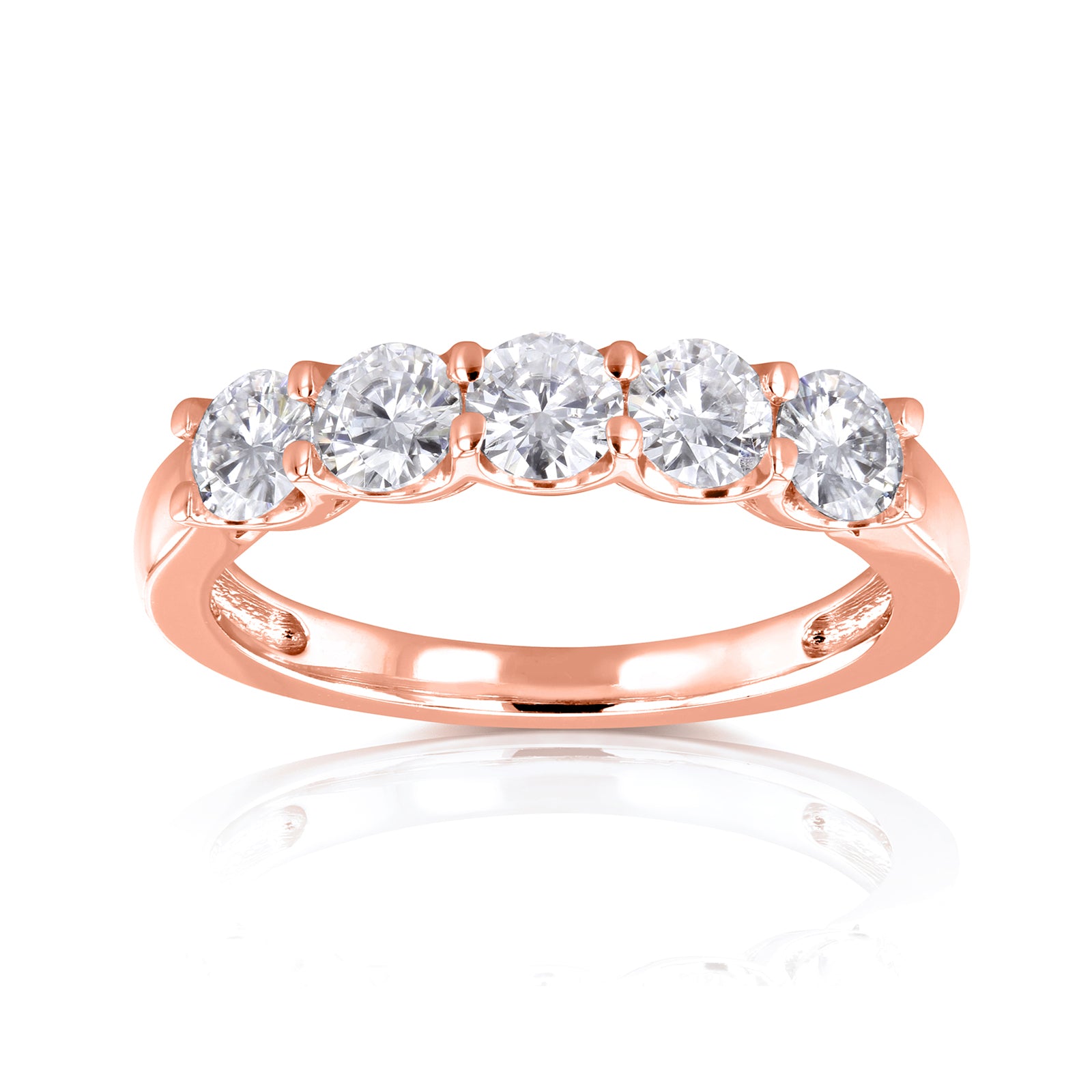 row of five round stones on rose gold band