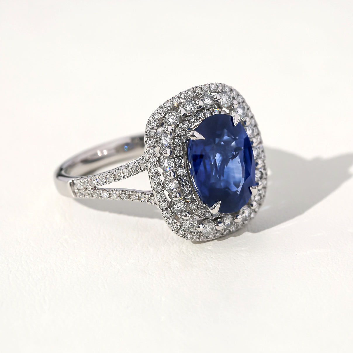 Kobelli Blue Sapphire & White Diamond Tri-Halo Gold Ring