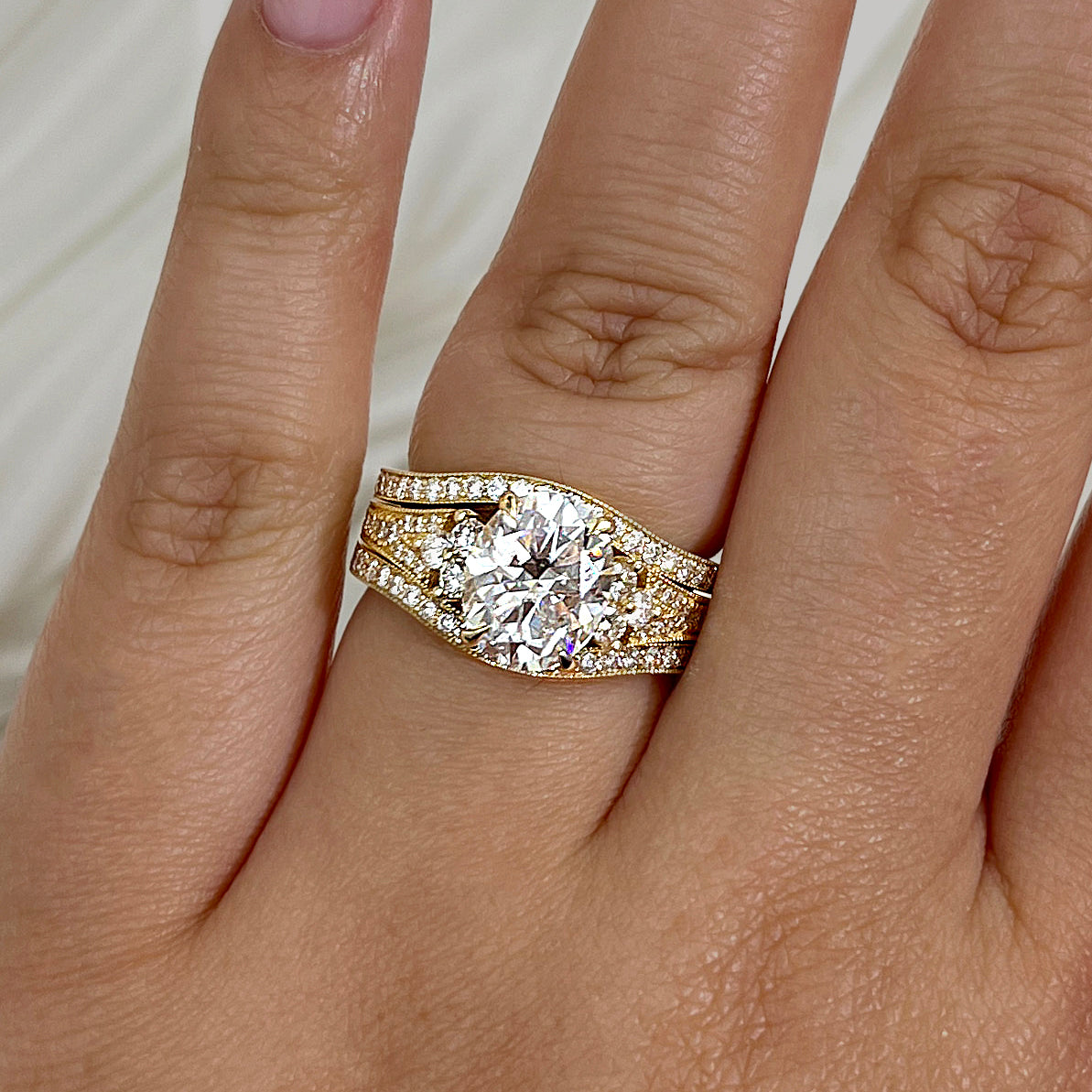 3 Carat Lab Grown Diamond Interlaken 3pc Bridal Set - Yellow Gold Size 7 on a hand