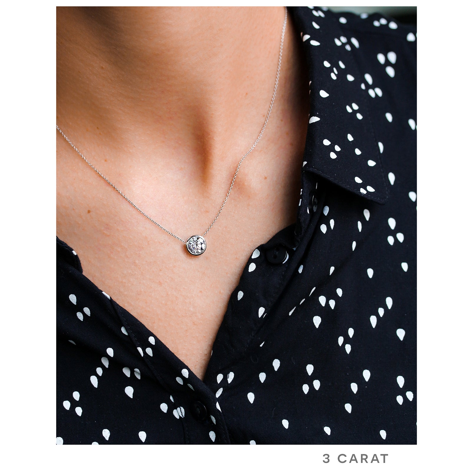 3 carat solitaire bezel necklace - sample on a model