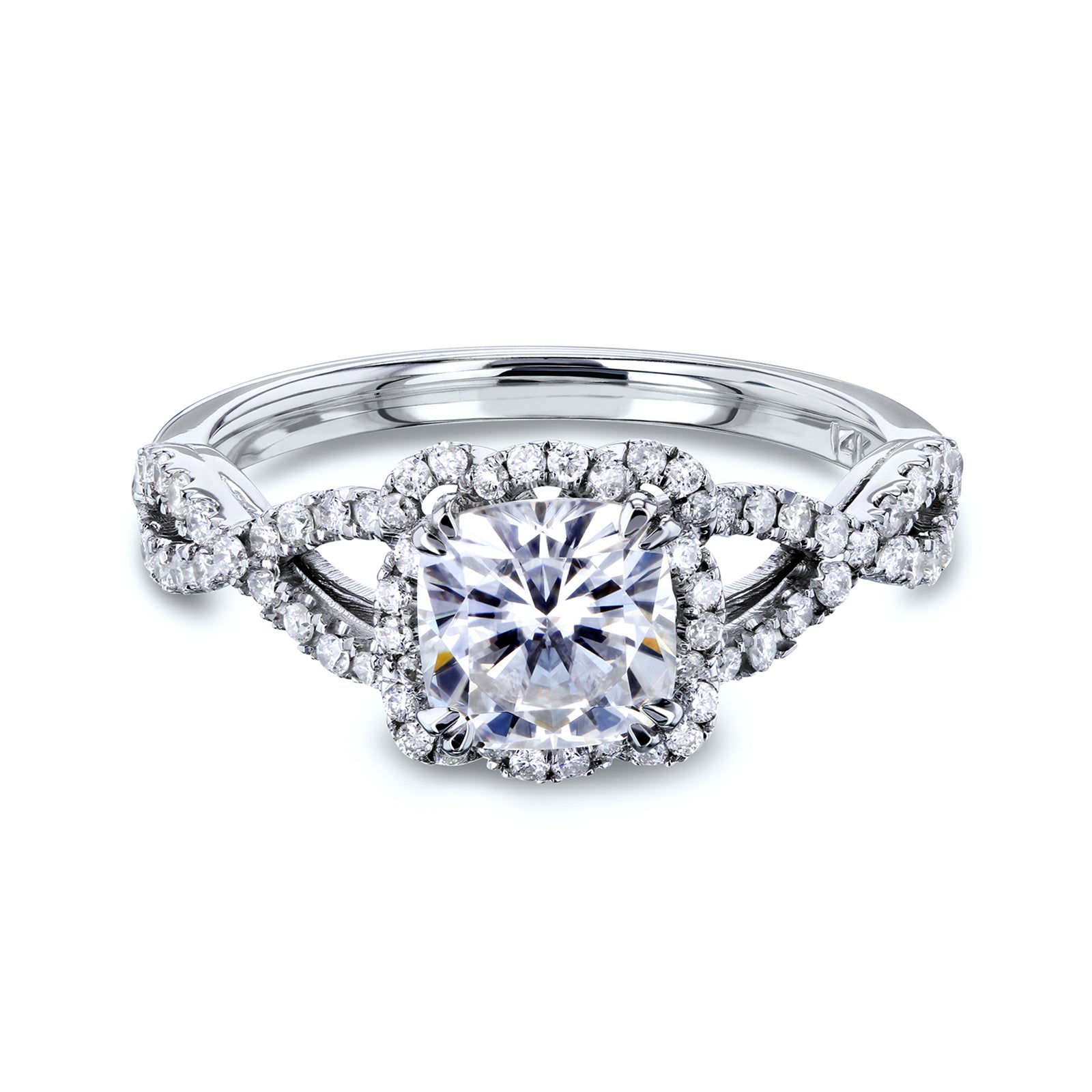 1.4 Carat Moissanite Floral Halo Braid Cushion Dana Ring