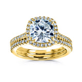 cushion halo bridal set in yellow gold