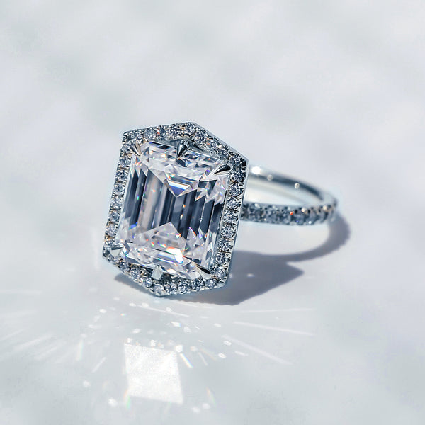 Diamond & Moissanite Hexagon Halo Art Deco Celebrity Engagement Ring
