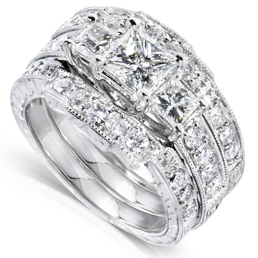 1.85 Carat Natural Diamond 3pc Josephine Bridal Set