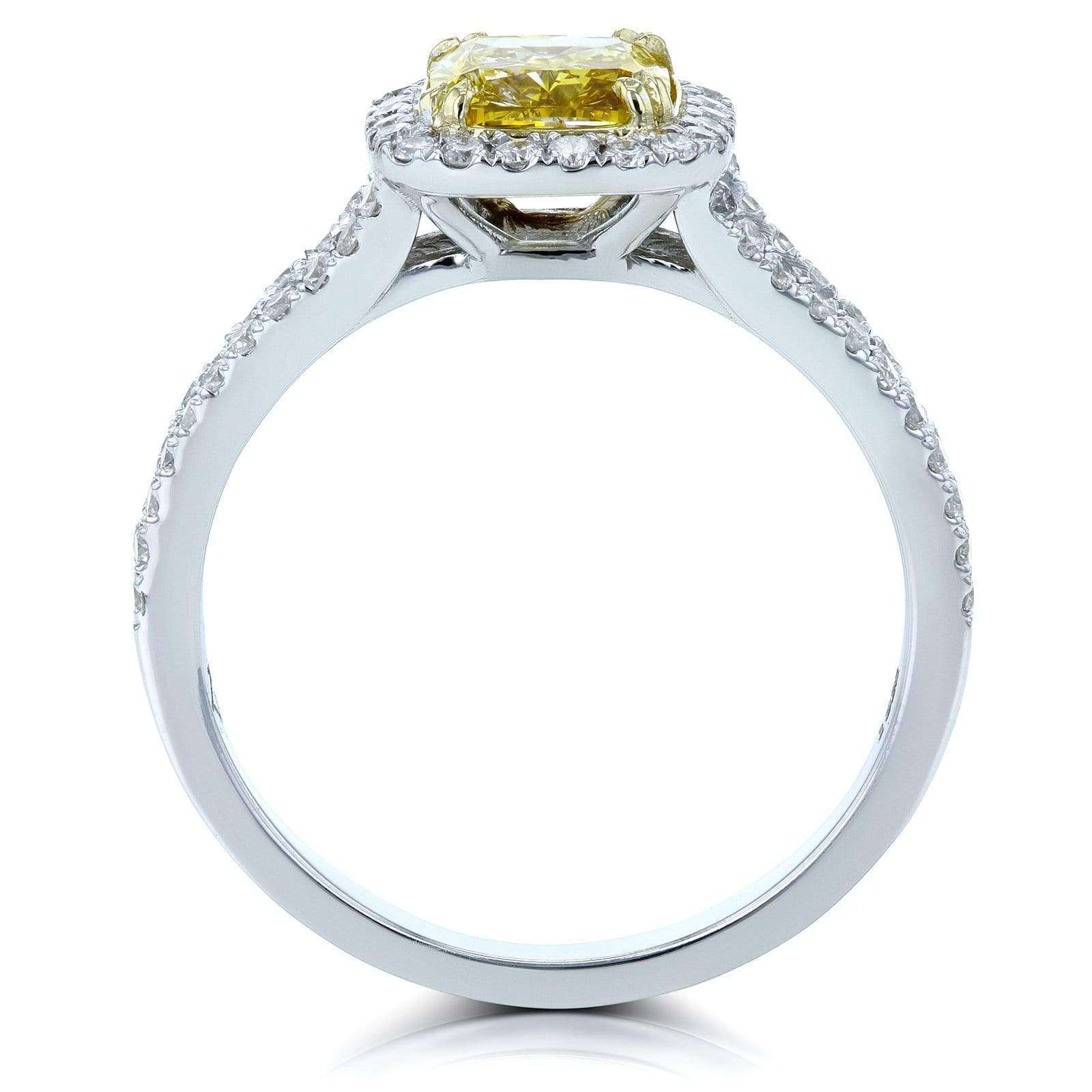 Kobelli GIA Certified Fancy Vivid Yellow Cushion Diamond Halo Split Shank Ring 1 3/5 CTW 18k Two Tone Gold