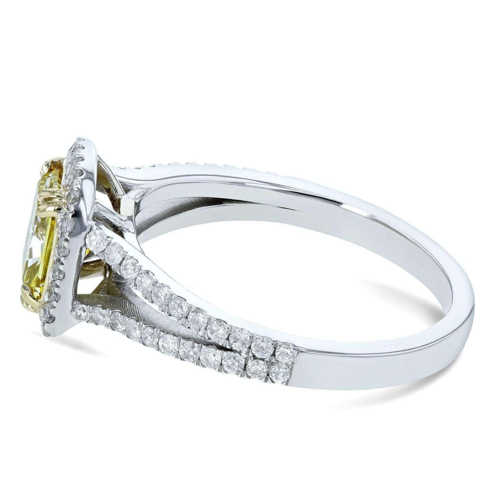 Kobelli GIA Certified Fancy Vivid Yellow Cushion Diamond Halo Split Shank Ring 1 3/5 CTW 18k Two Tone Gold
