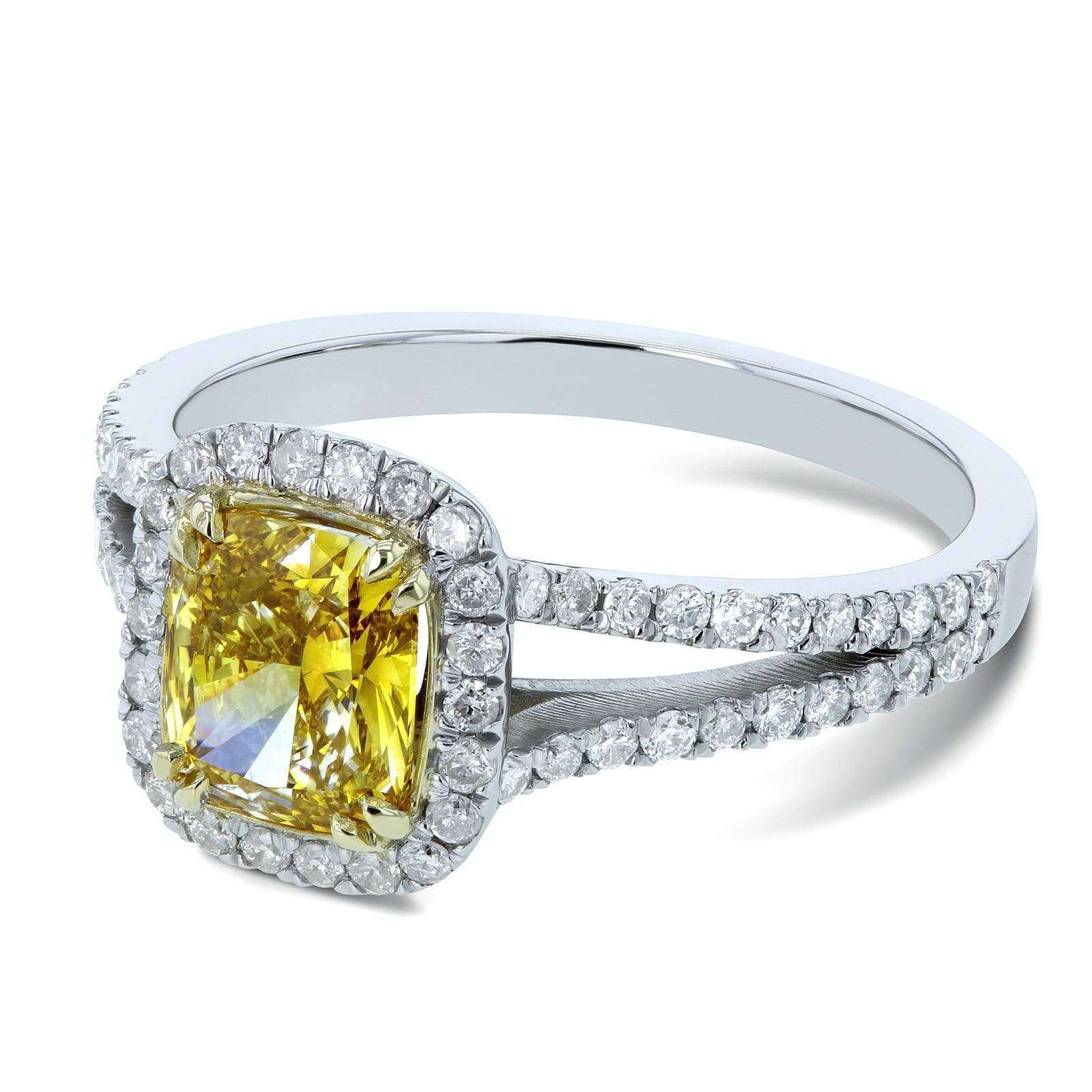 Kobelli GIA Certified Fancy Vivid Yellow Cushion Diamond Halo Split Shank Ring 1 3/5 CTW 18k Two Tone Gold