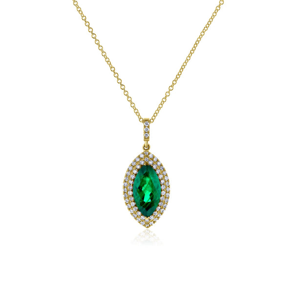 Kobelli Marquise Green Emerald & White Diamond Double Halo 18k Gold Necklace