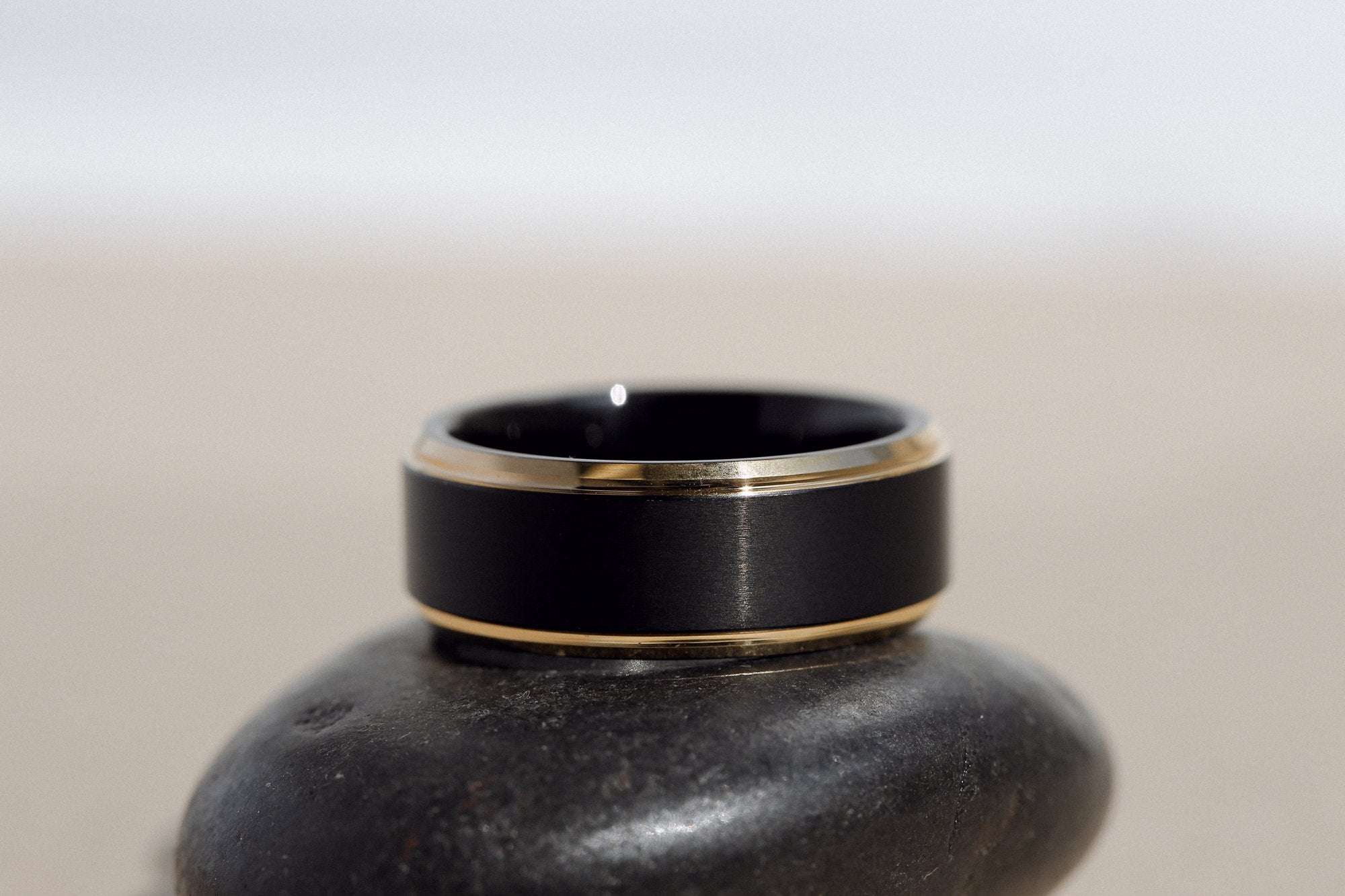 Kobelli 8mm Two Tone Matte Black and Yellow Edge Mens Ring