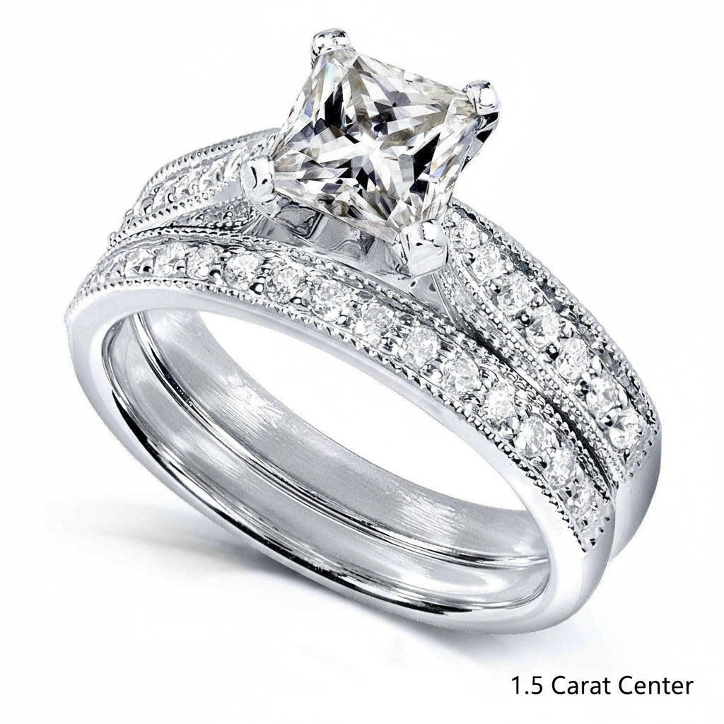 Kobelli Princess Moissanite and Diamond Vintage Bridal Set 1 4/5 CTW 14k White Gold