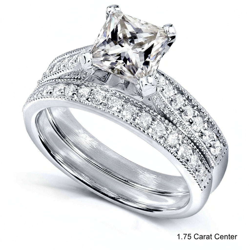 Kobelli Princess Moissanite and Diamond Vintage Bridal Set 2 1/8 CTW 14k White Gold