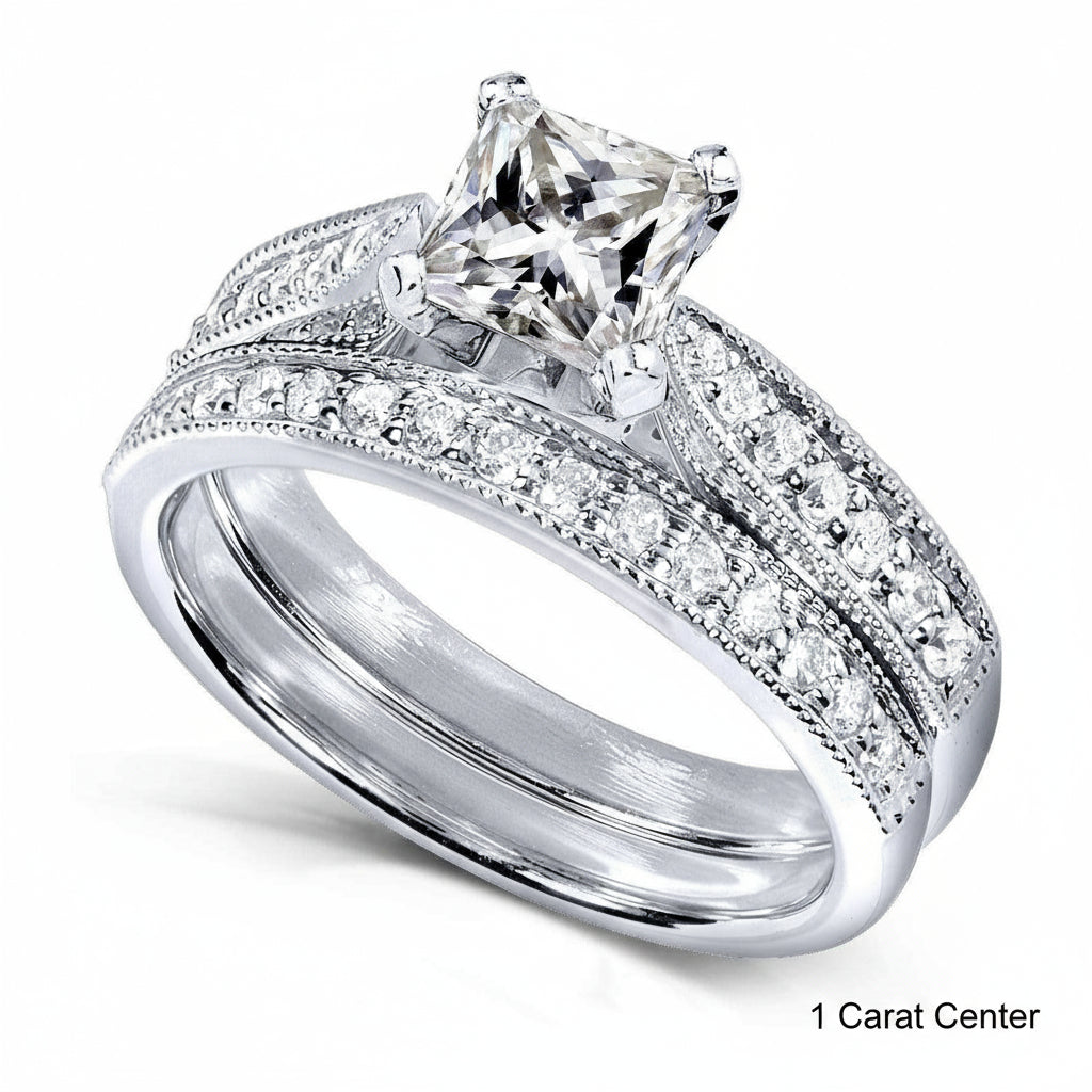 Kobelli Princess Moissanite and Diamond Vintage Bridal Set 1 1/4 CTW 14k White Gold