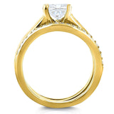 Kobelli Cushion Moissanite Solitaire and Diamond Double Bands 3-Piece Set 1 2/5 CTW in 14k Yellow Gold