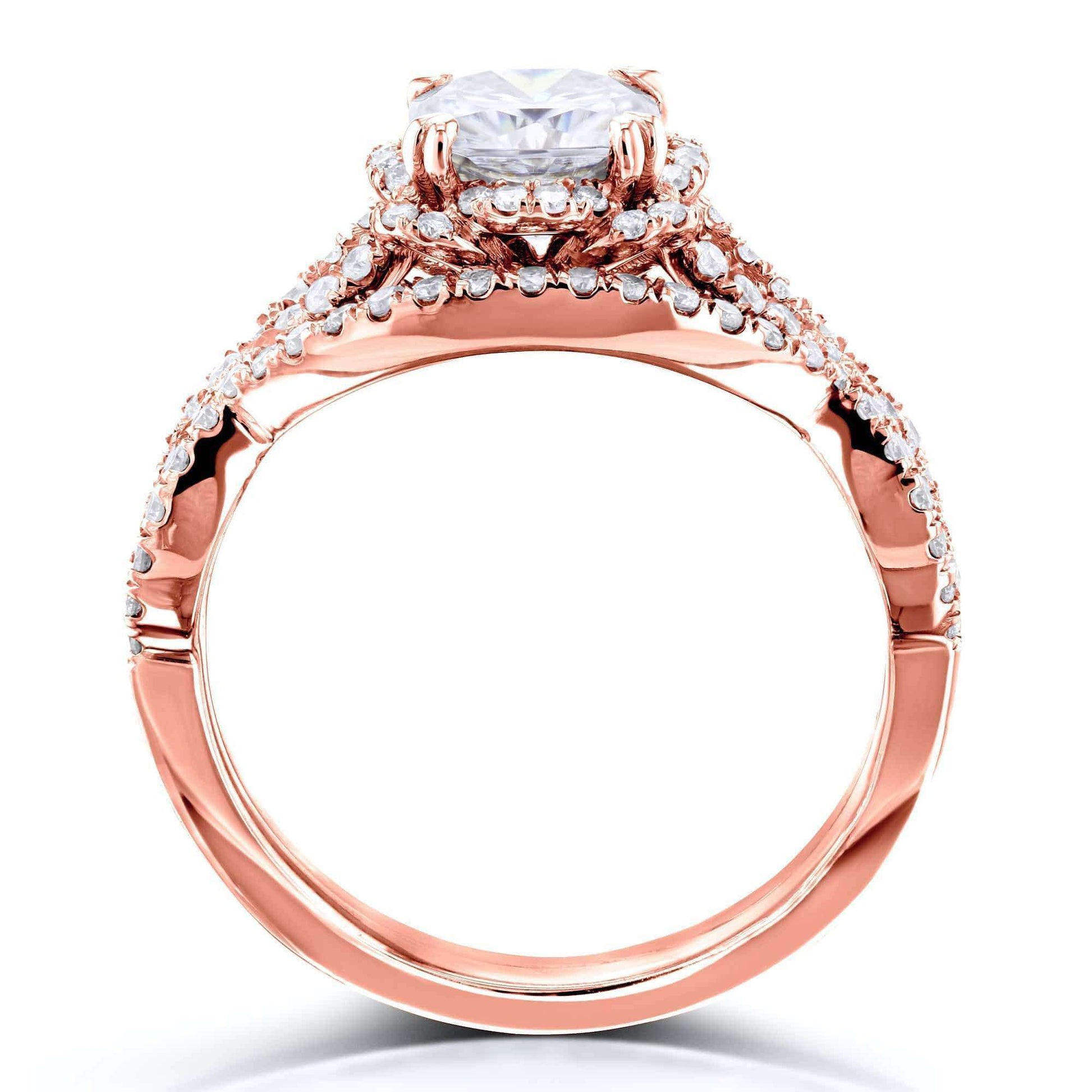 Kobelli Round Forever One Moissanite Halo Cross Shank Gold Bridal Set