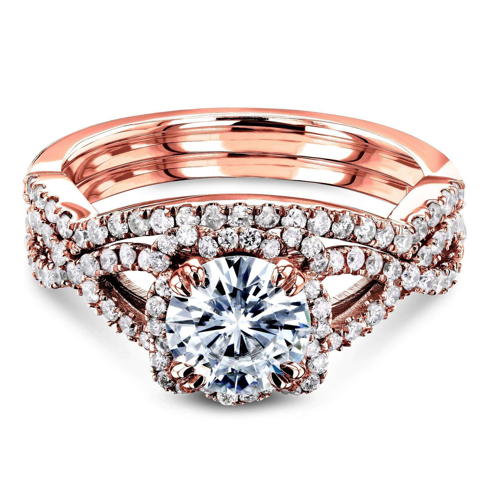 Kobelli Round Forever One Moissanite Halo Cross Shank Gold Bridal Set