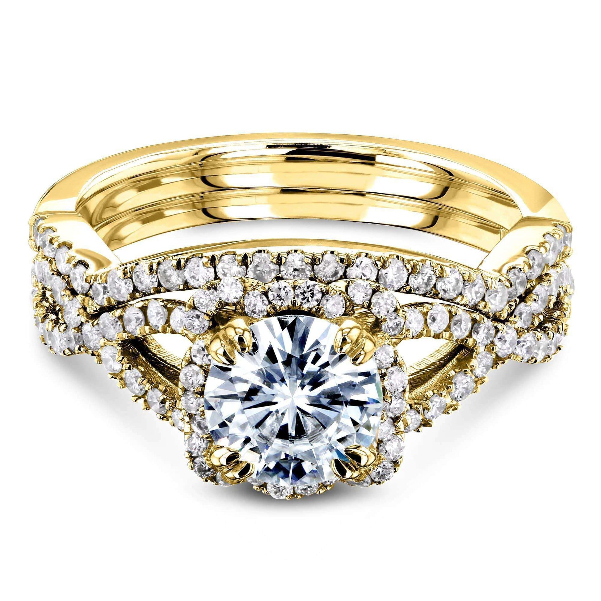 Kobelli Round Forever One Moissanite Halo Cross Shank Gold Bridal Set
