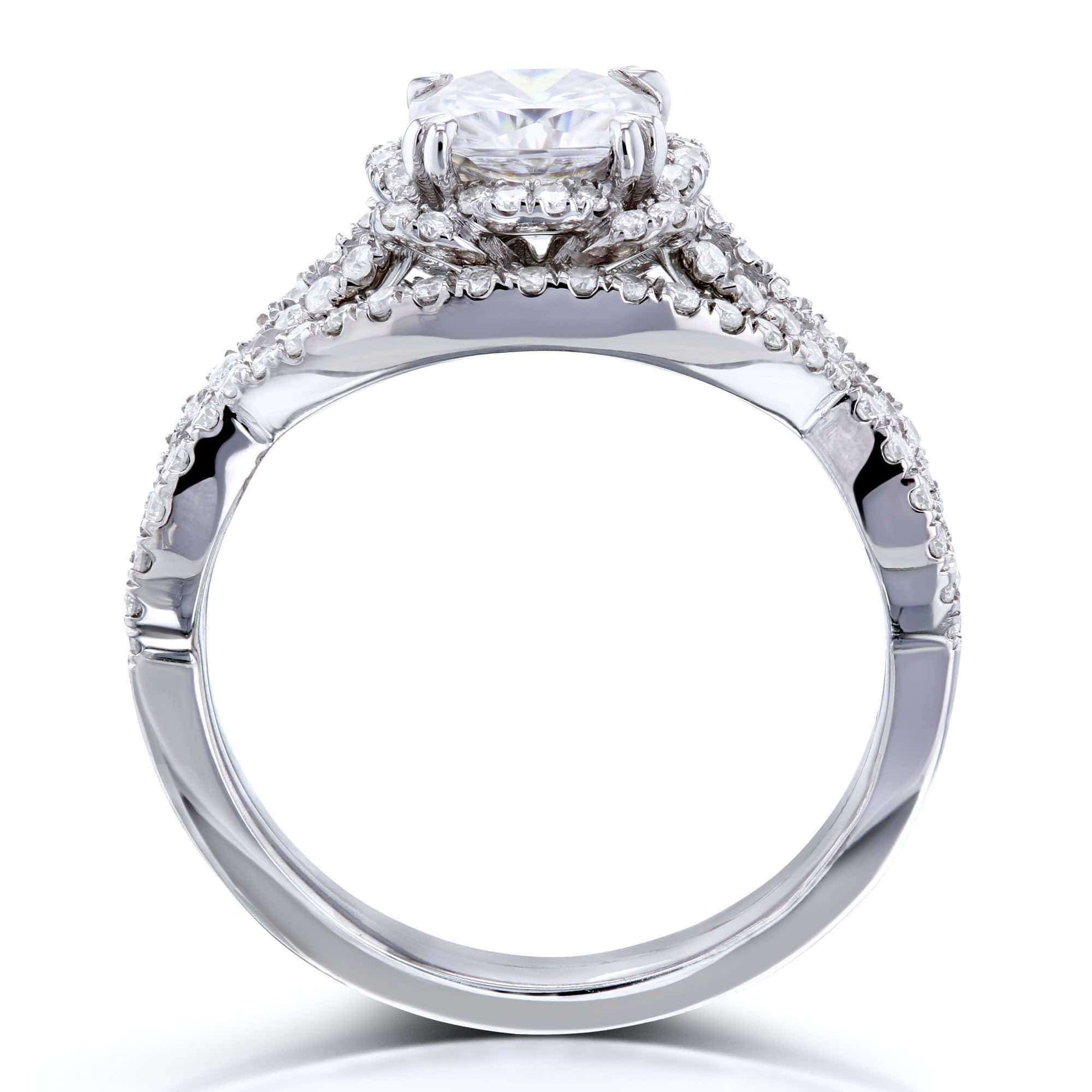 Kobelli Round Forever One Moissanite Halo Cross Shank Gold Bridal Set