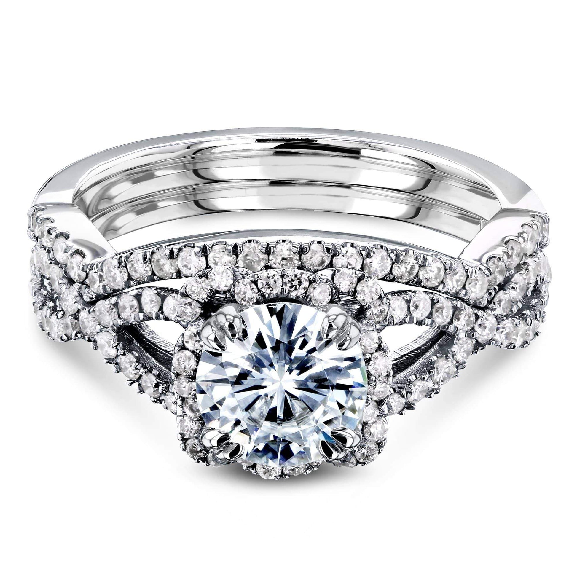 Kobelli Round Forever One Moissanite Halo Cross Shank Gold Bridal Set