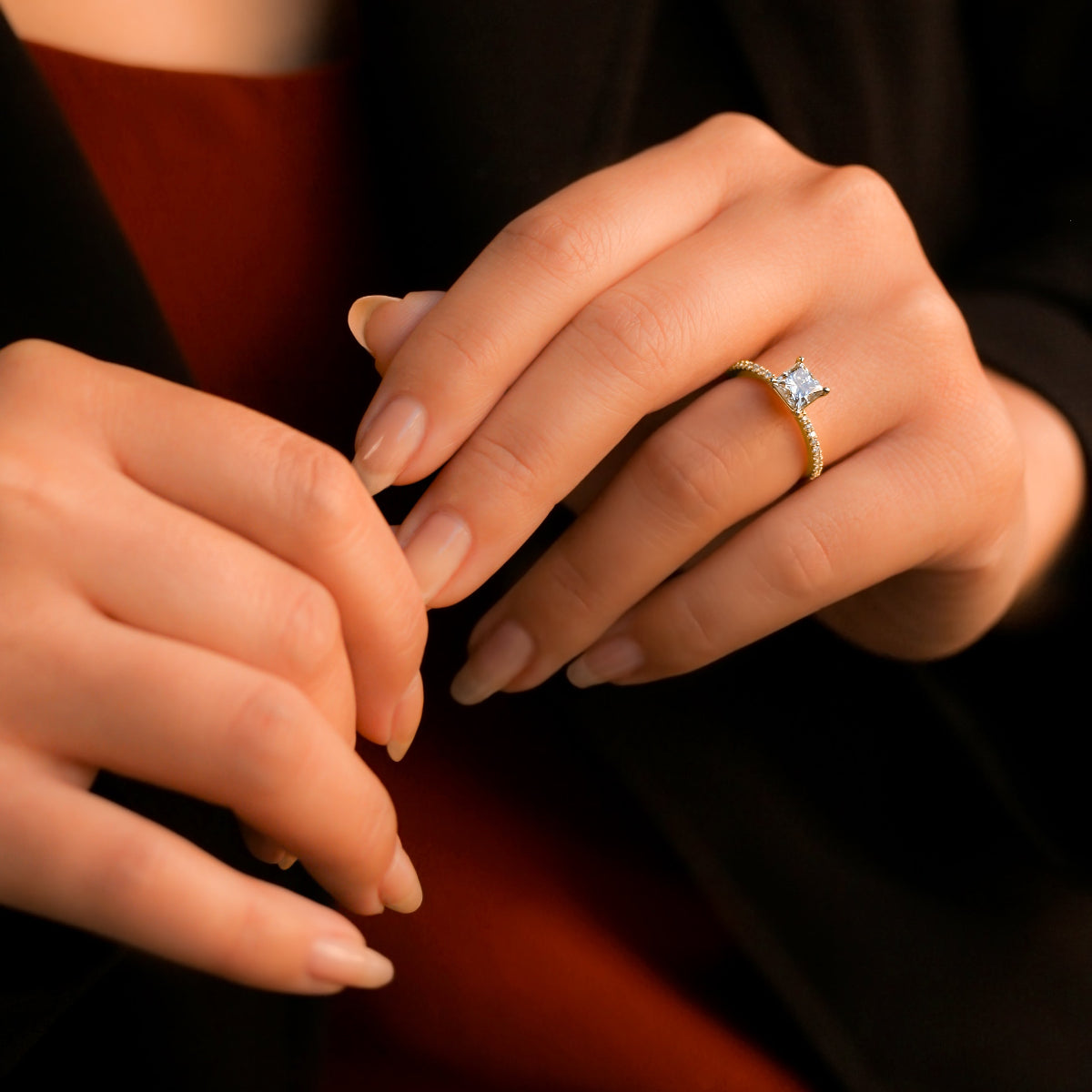 1 carat princess shape ring over a slender diamond band - sample on a hand