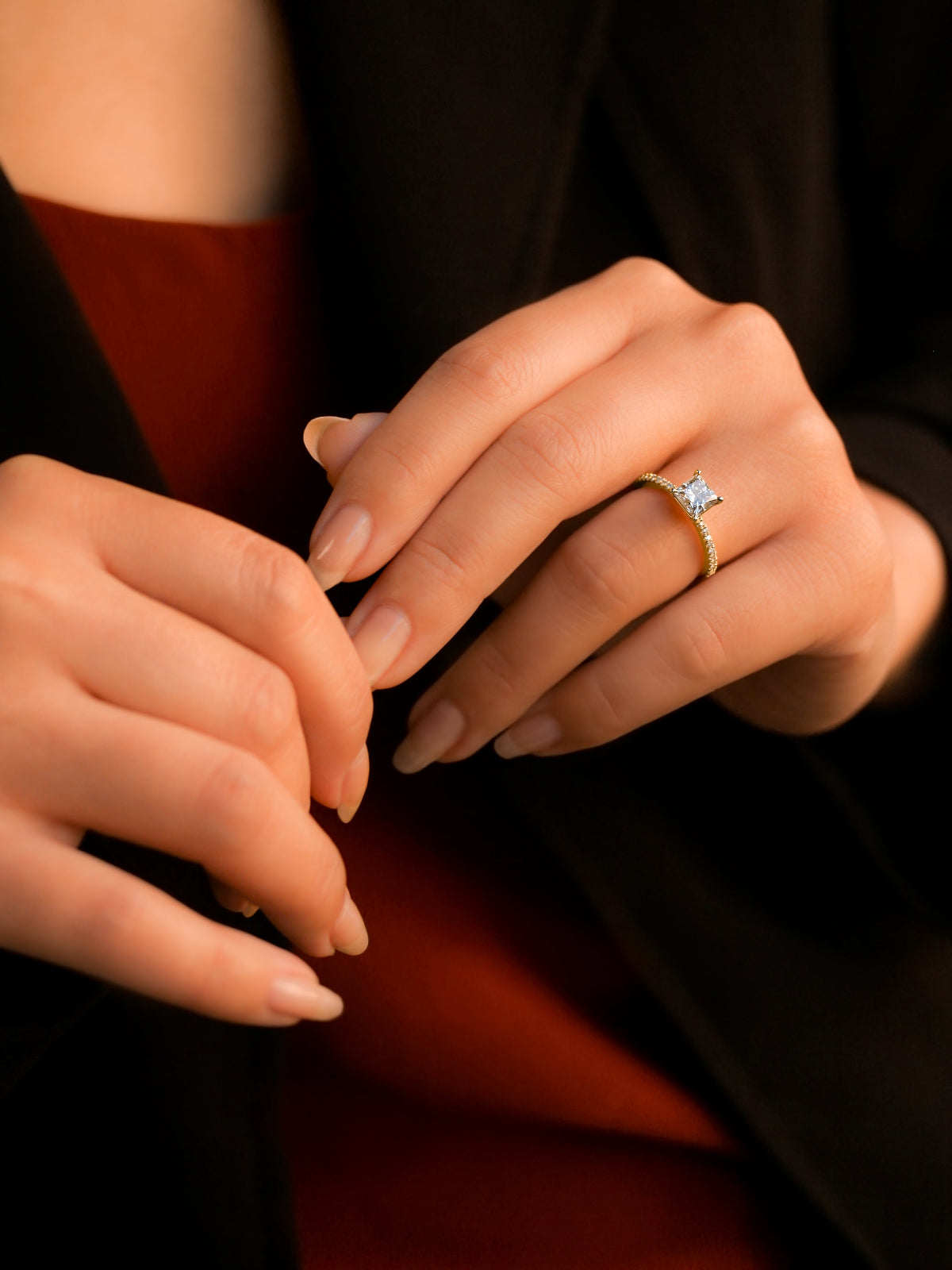 1 carat princess shape ring over a slender diamond band - sample on a hand