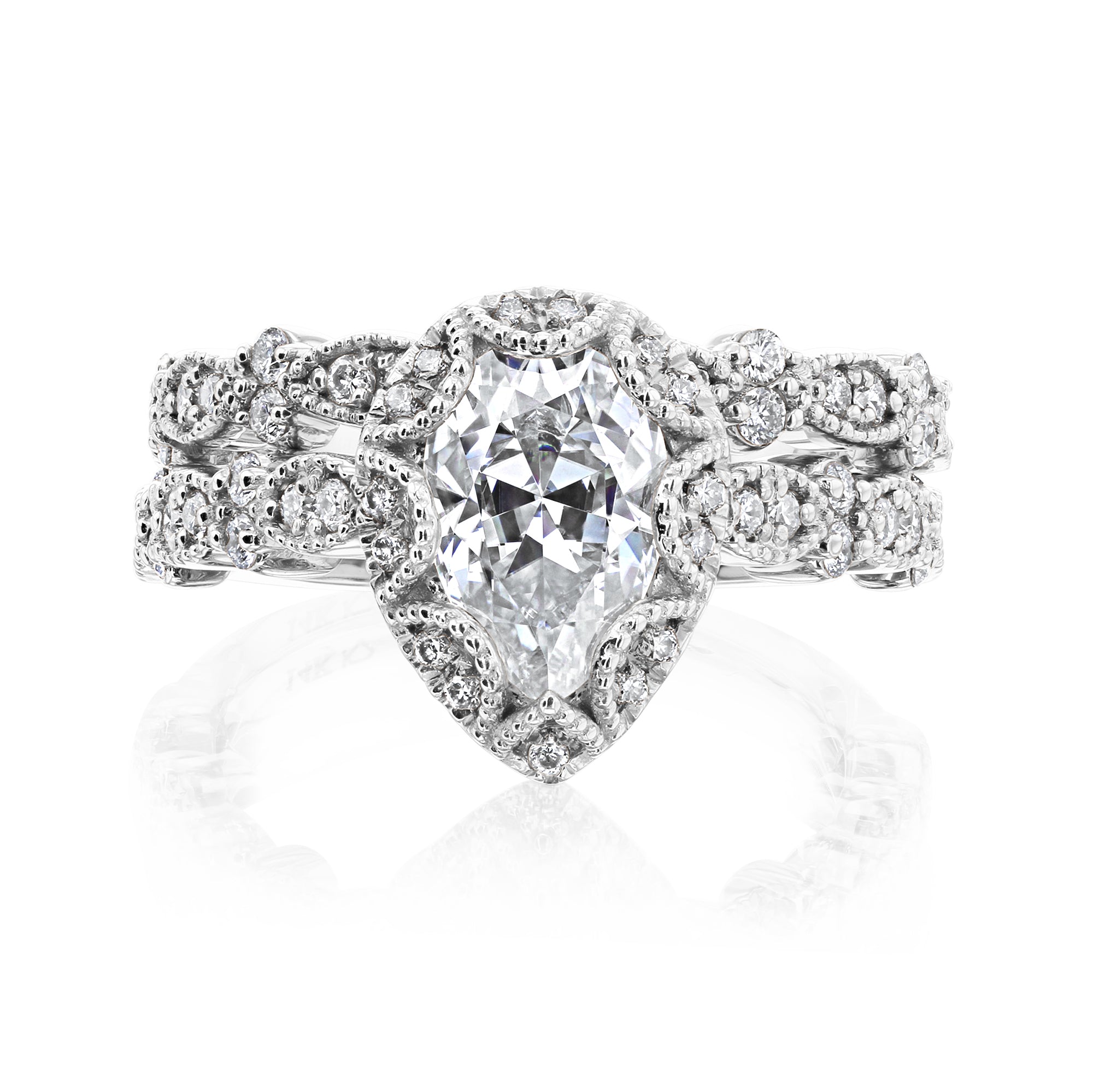 Kobelli Paisely 1.50-Carat Pear Halo Scallop Vintage Bridal Set Gold Rings