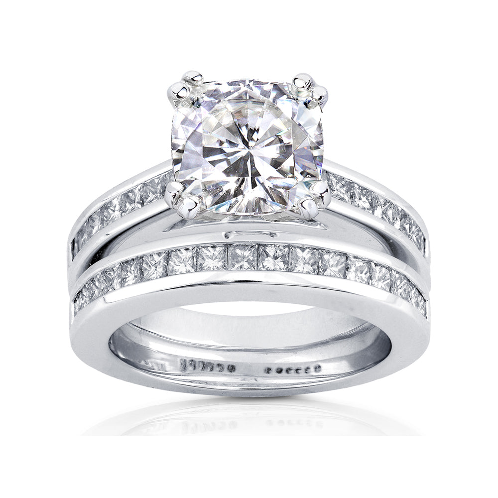 Cushion-cut Moissanite Bridal Set with Diamond Ring CTW 14k White Go –  Kobelli