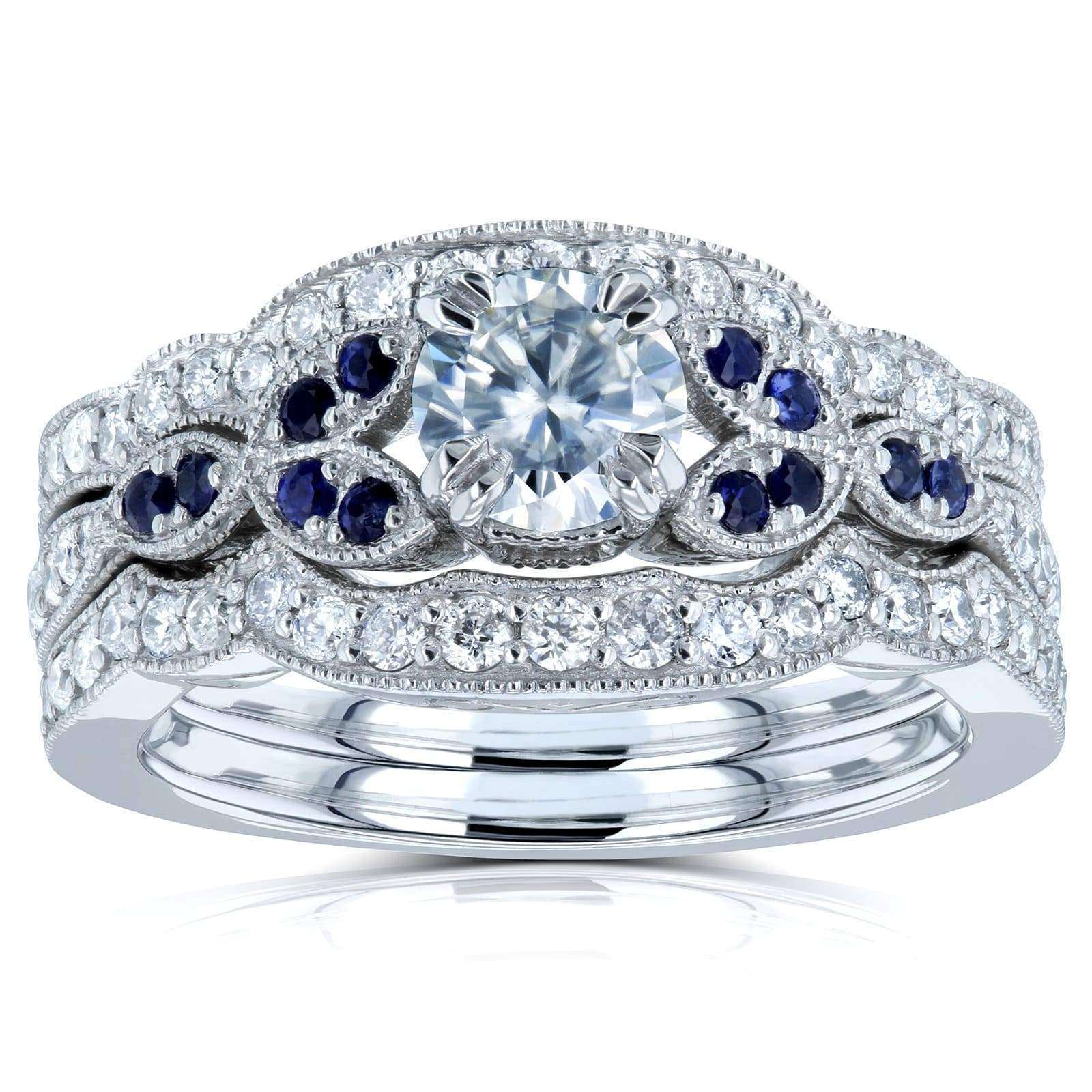 Floral Round Moissanite Bridal Set with Diamond and Sapphire
