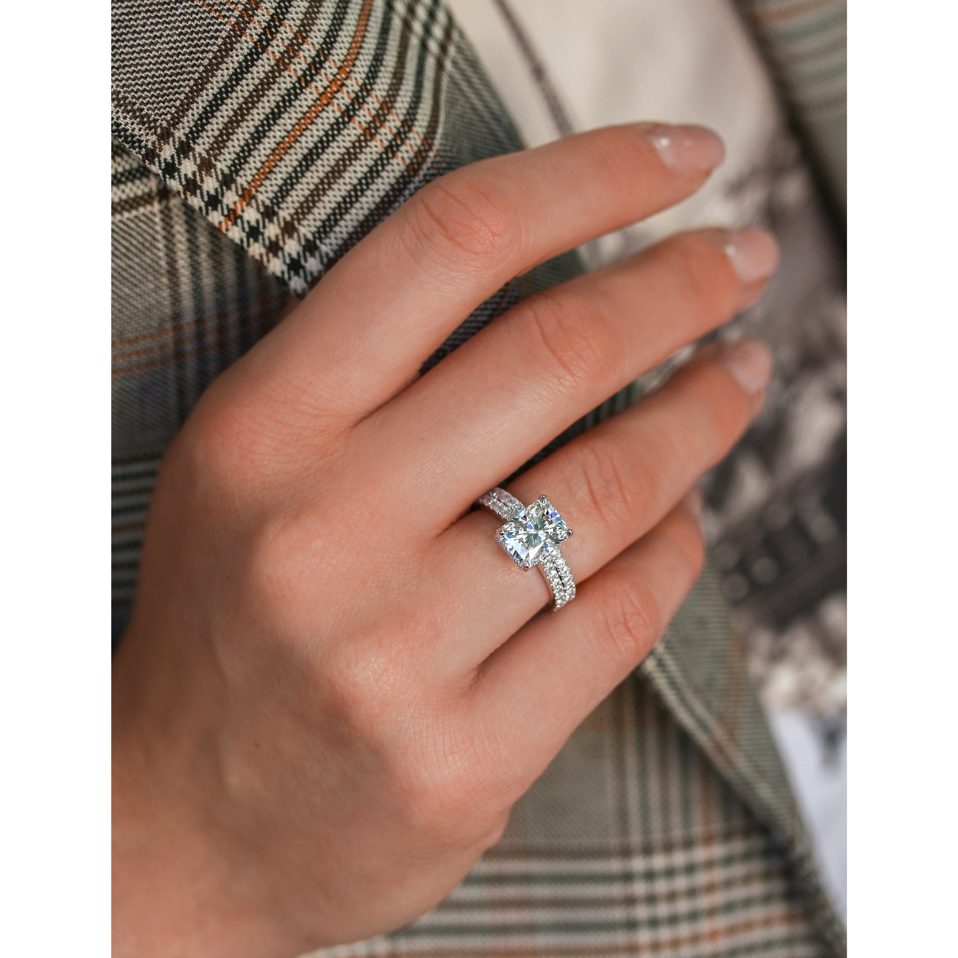 Kobelli London Collection Raine 2.7ct Hidden Halo Radiant Moissanite Cathedral Bridal Set with 14K Gold Band