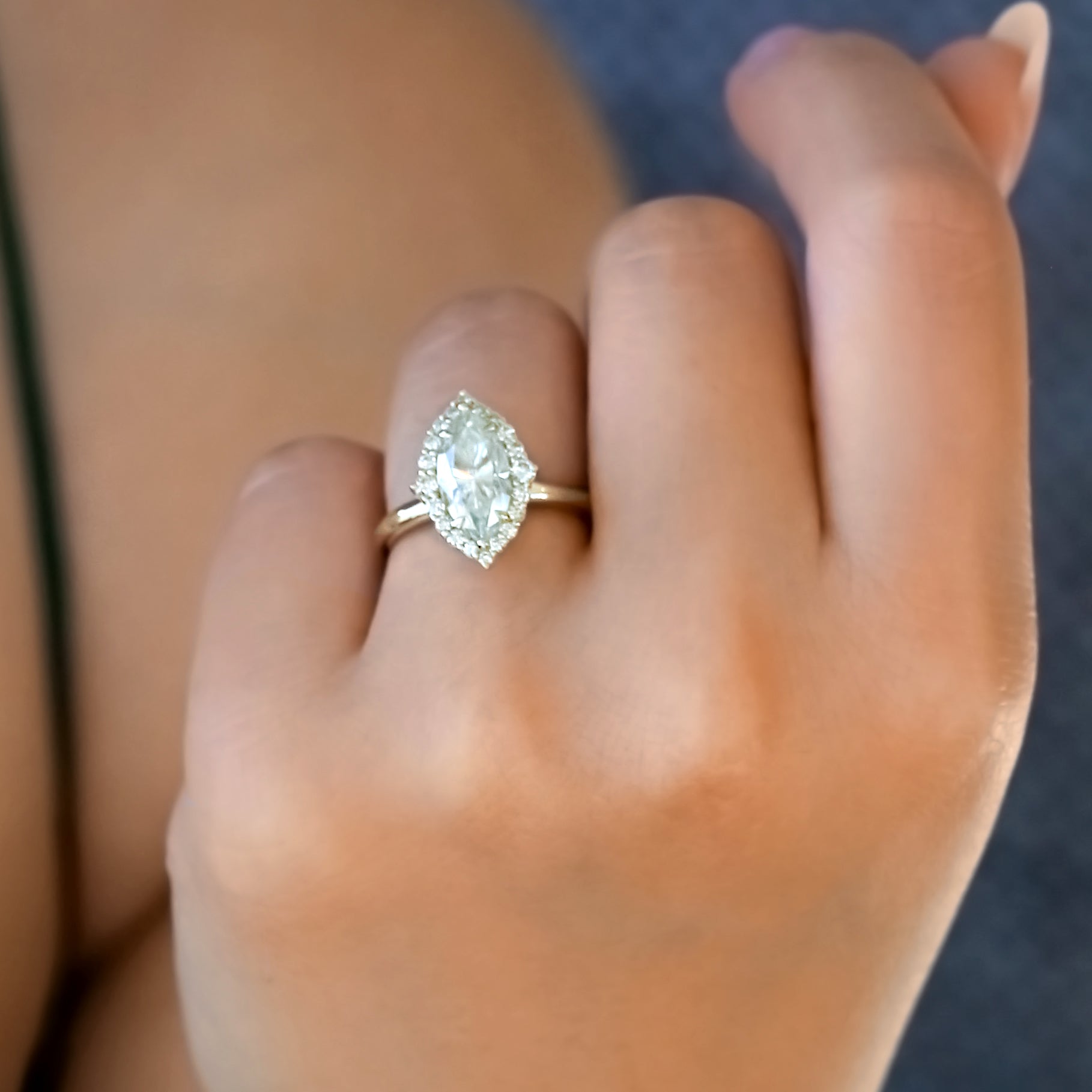 Kobelli Rococo Halo Marquise in Yellow Gold - sample on a hand