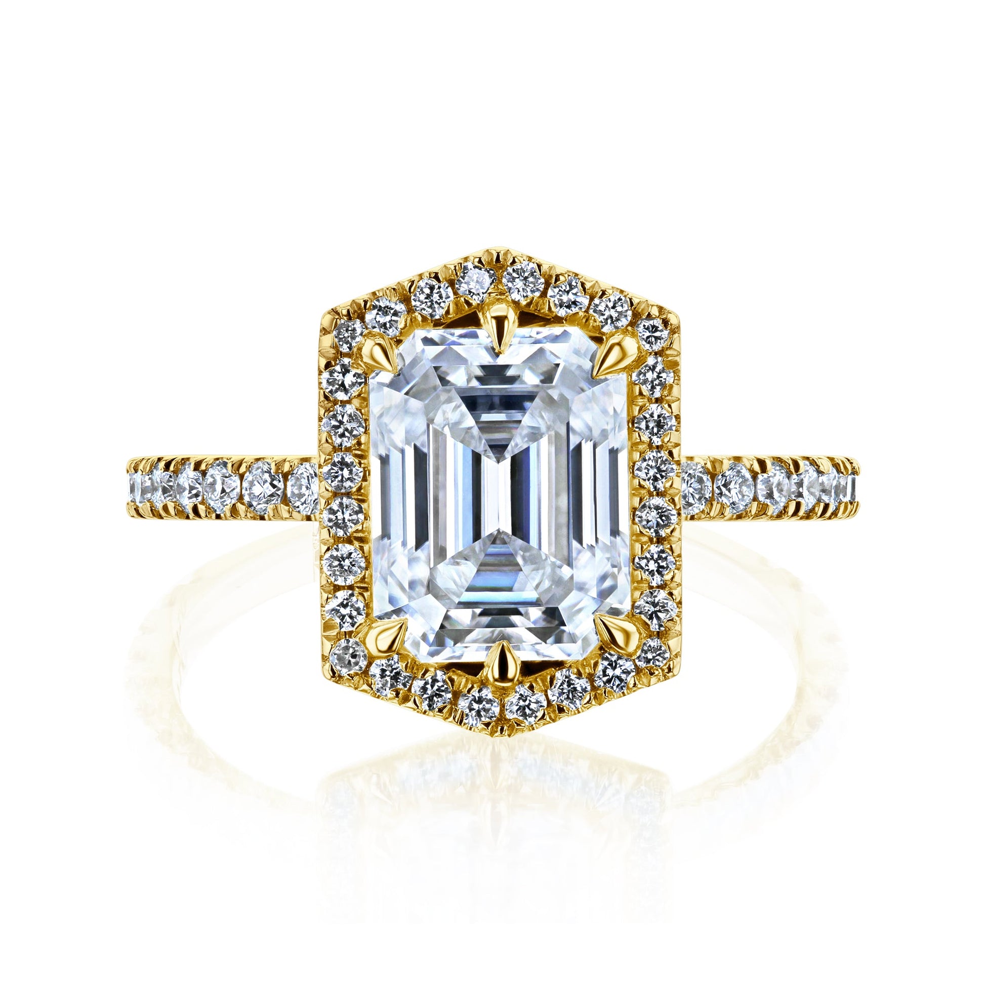 Kobelli Hexagon Halo 2.45ct Emerald Moissanite & 0.50ct Diamond Engagement Ring in 14k Gold - Saturday Collection
