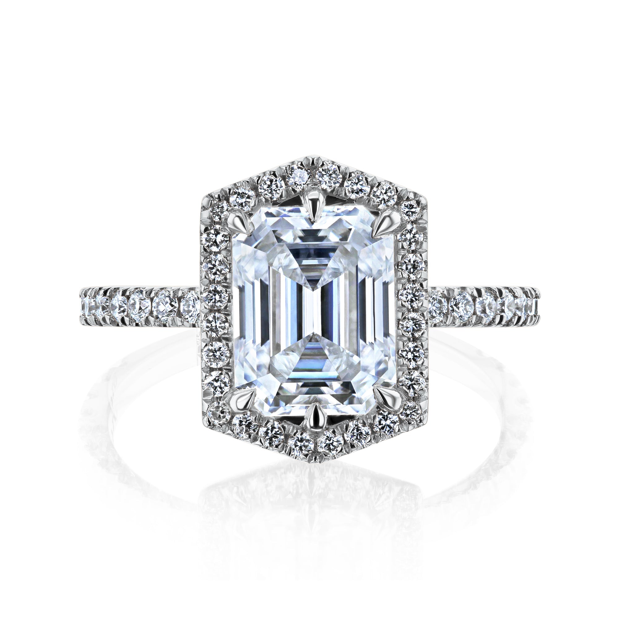 Kobelli Hexagon Halo 2.45ct Emerald Moissanite & 0.50ct Diamond Engagement Ring in 14k Gold - Saturday Collection