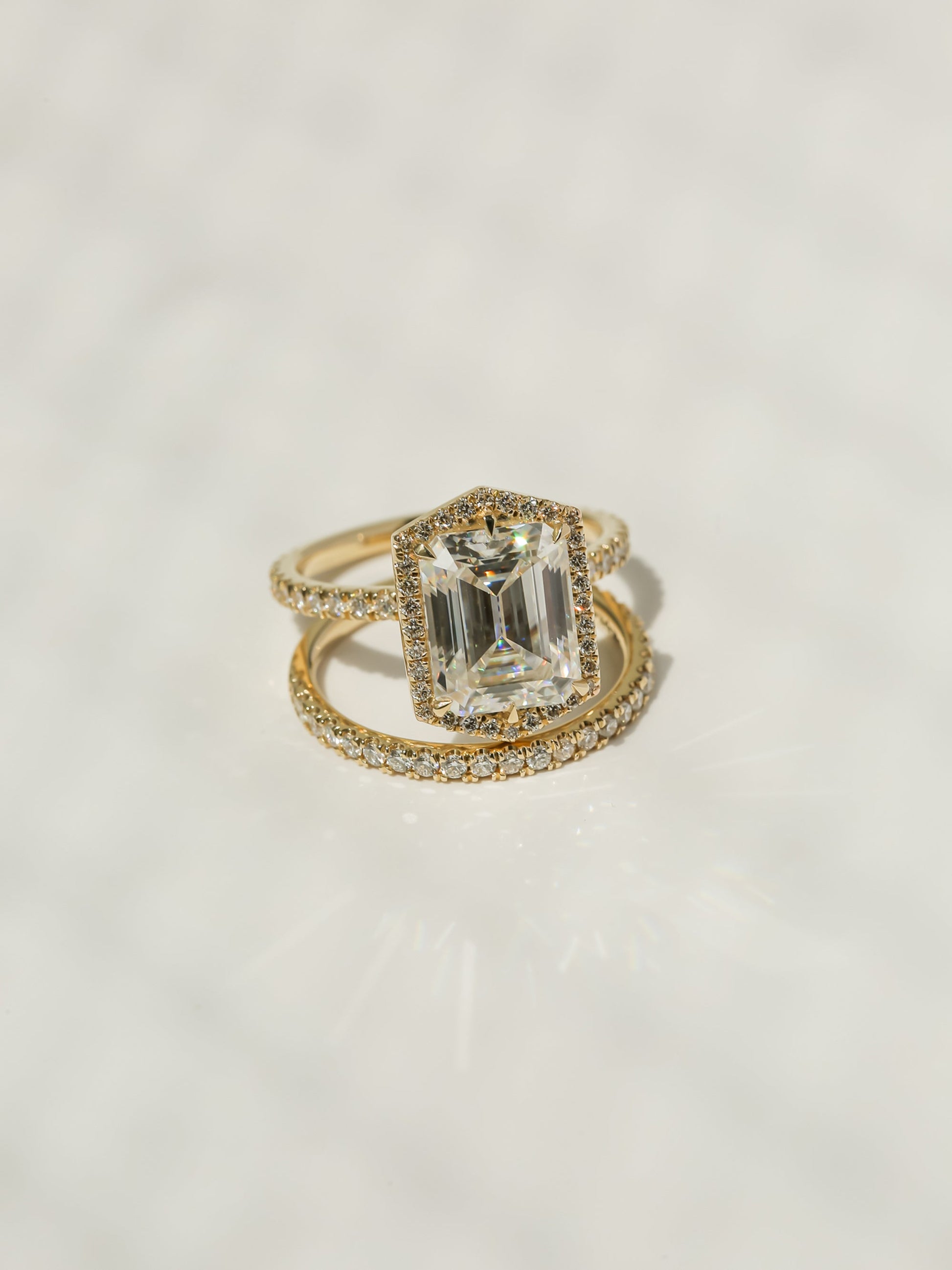 Kobelli Hexagon Halo 3.50ct Emerald Moissanite and Diamond Rings