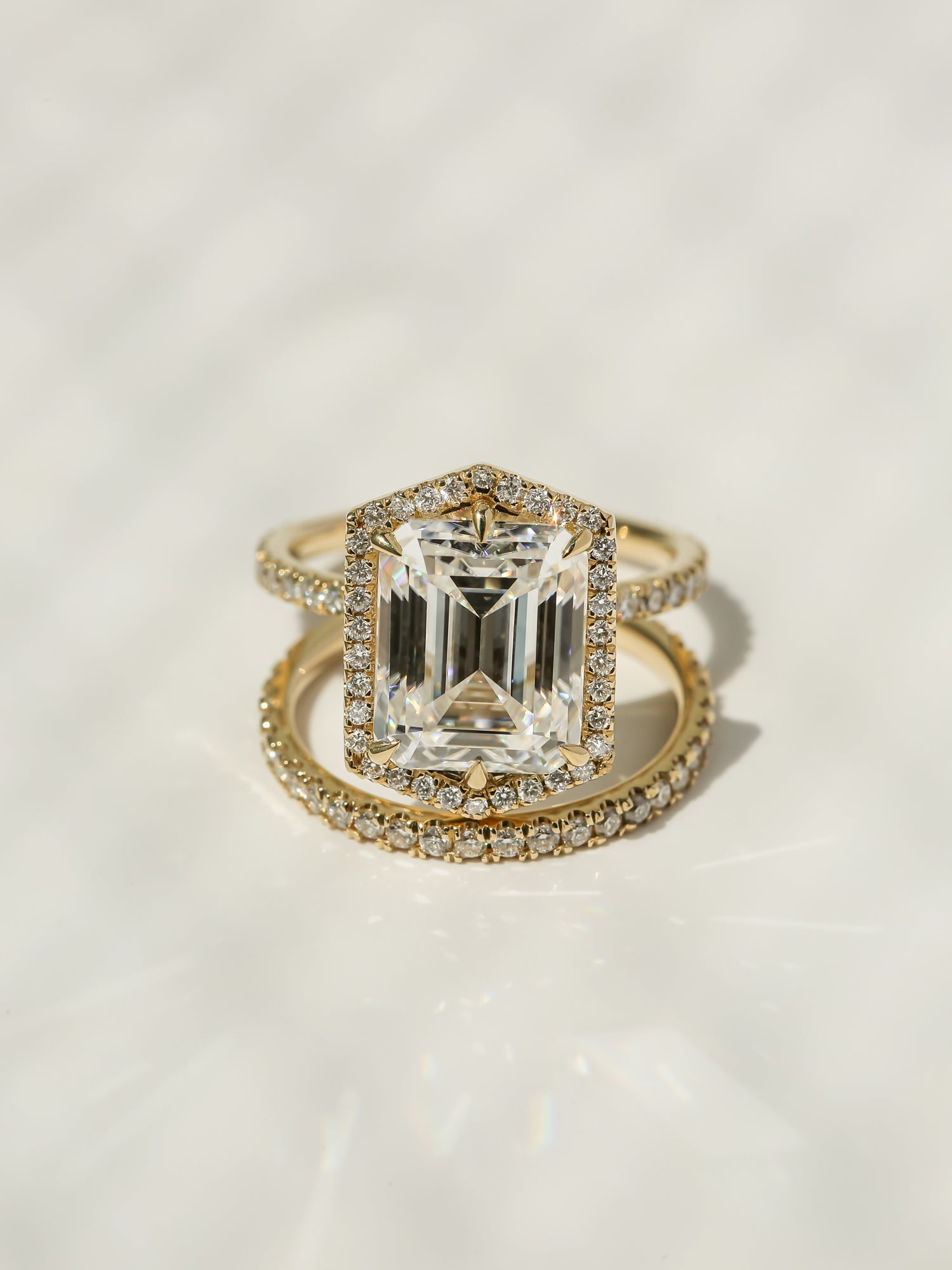 Kobelli Hexagon Halo 4.90ct Emerald Moissanite and Diamond Rings