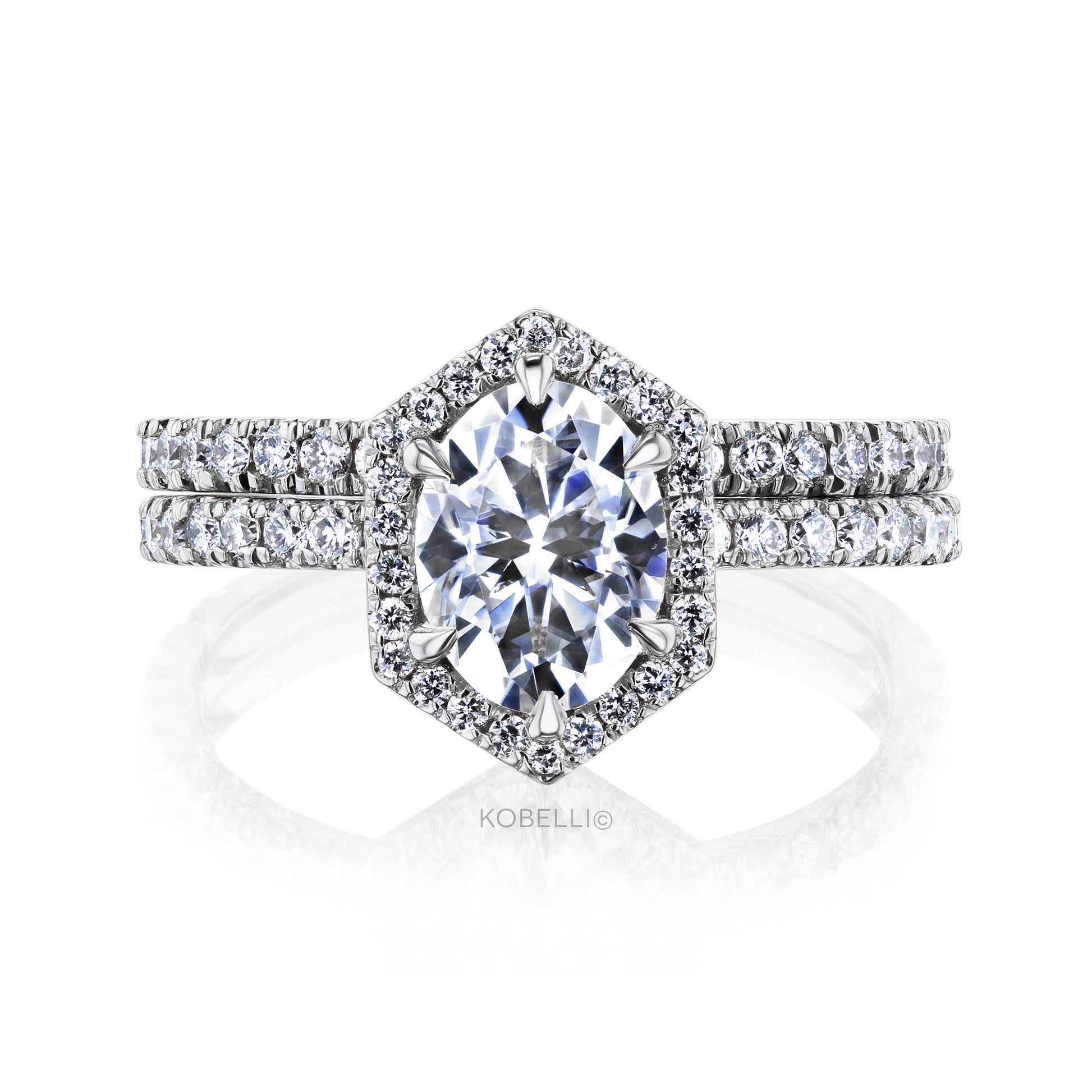 Kobelli Hexagon Halo 1.5ct Oval Moissanite and Diamond Rings