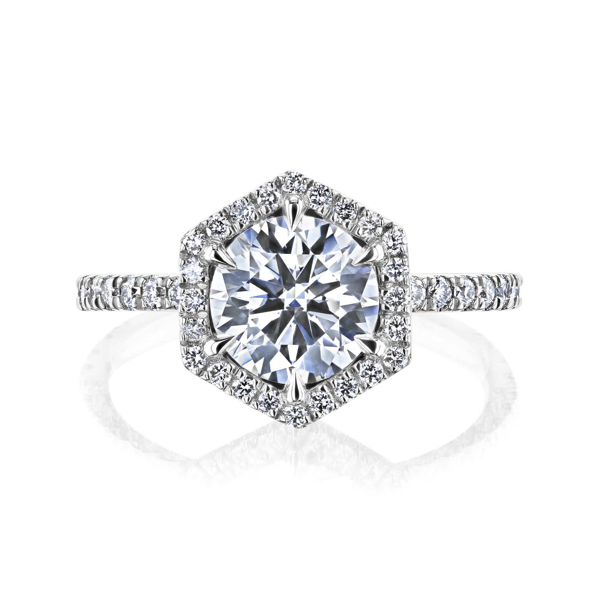 Kobelli Hexagon Halo 1.5ct Round Moissanite & 0.5ct Diamond Engagement Ring in 14k Gold - Saturday Collection