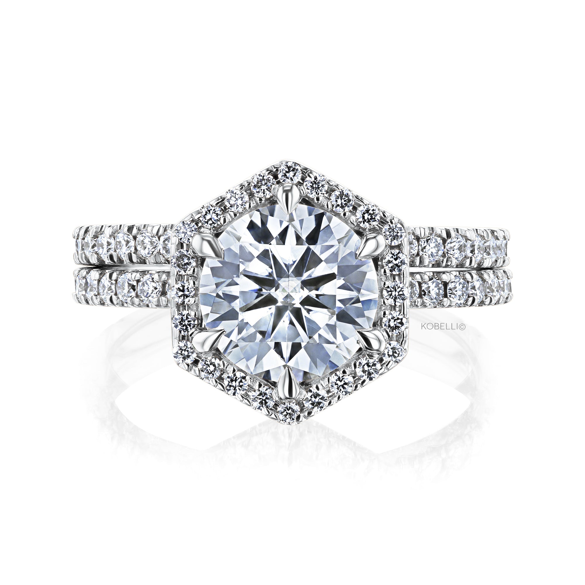 Kobelli Hexagon Halo 1.9ct Round Moissanite and Diamond Rings