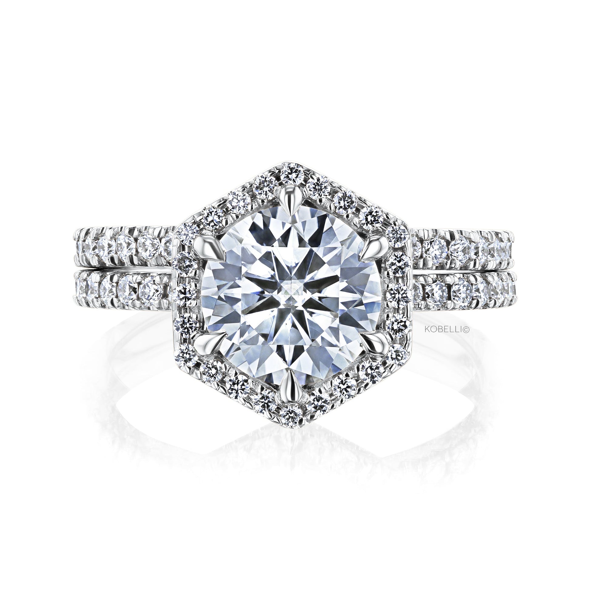 Kobelli Hexagon Halo 1.9ct Round Moissanite and Diamond Rings