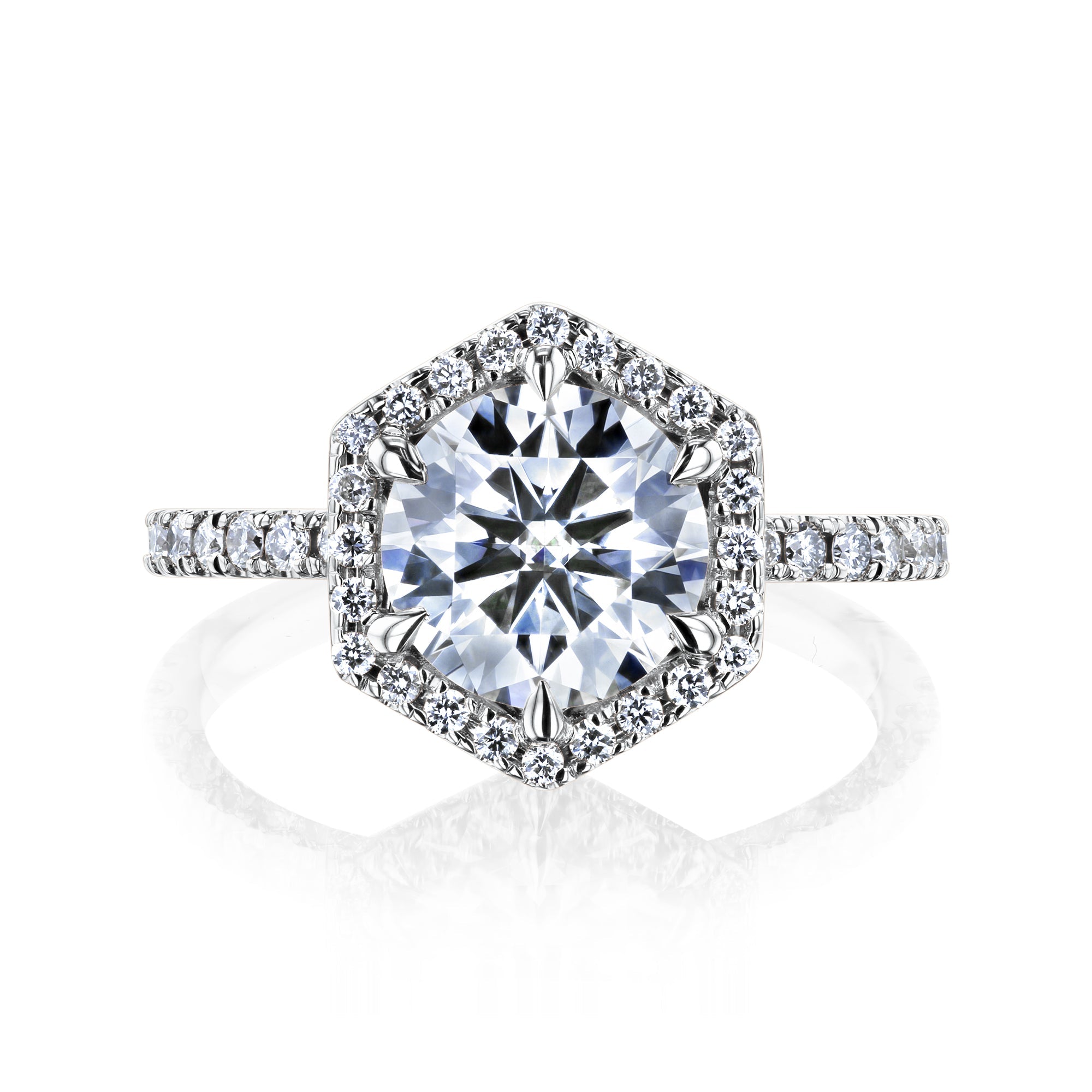 Kobelli Hexagon Halo 1.9ct Round Moissanite & 0.48ct Diamond Engagement Ring in 14k Gold - Saturday Collection