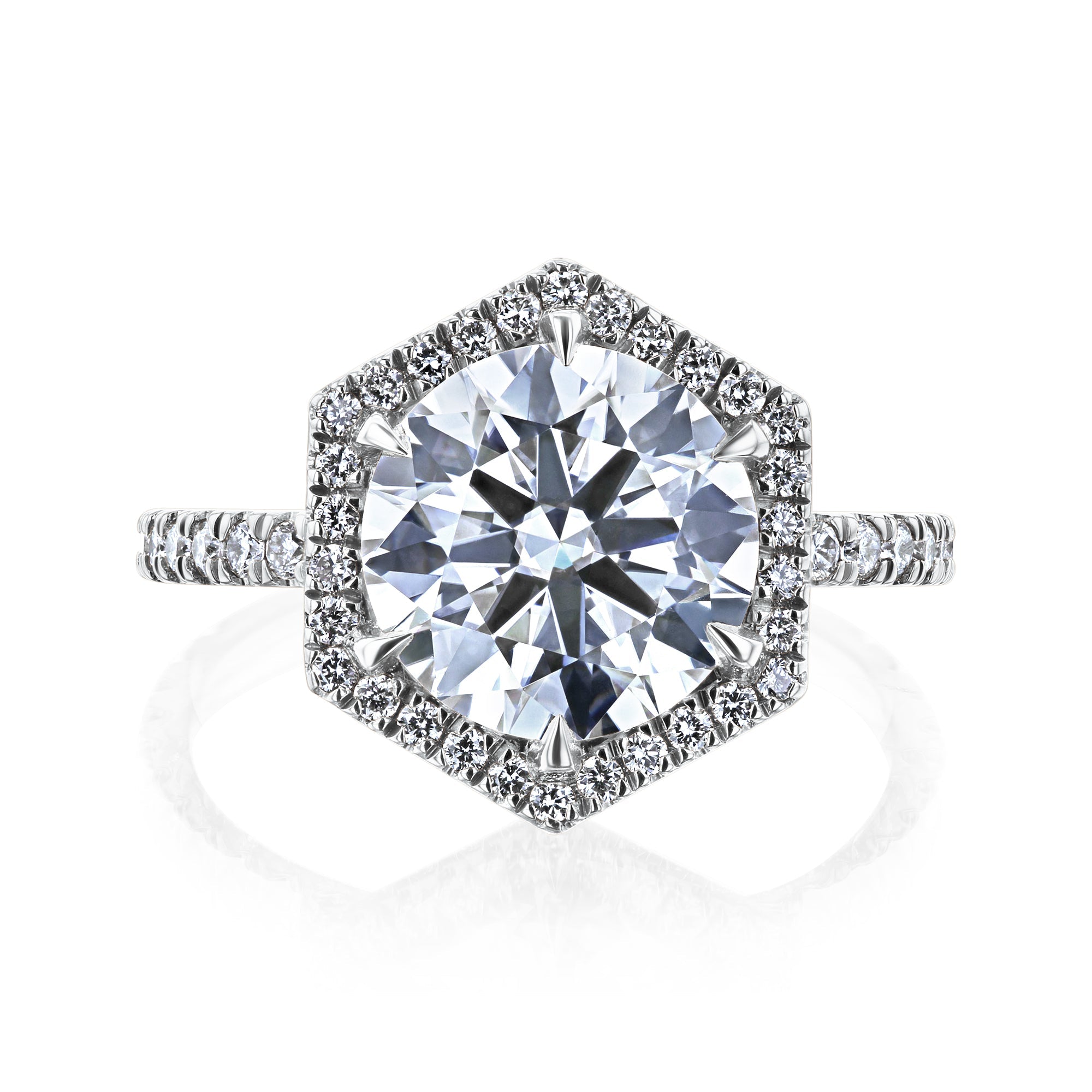 Kobelli Hexagon Halo 3.1ct Round Moissanite & 0.50ct Diamond Engagement Ring in 14k Gold - Saturday Collection