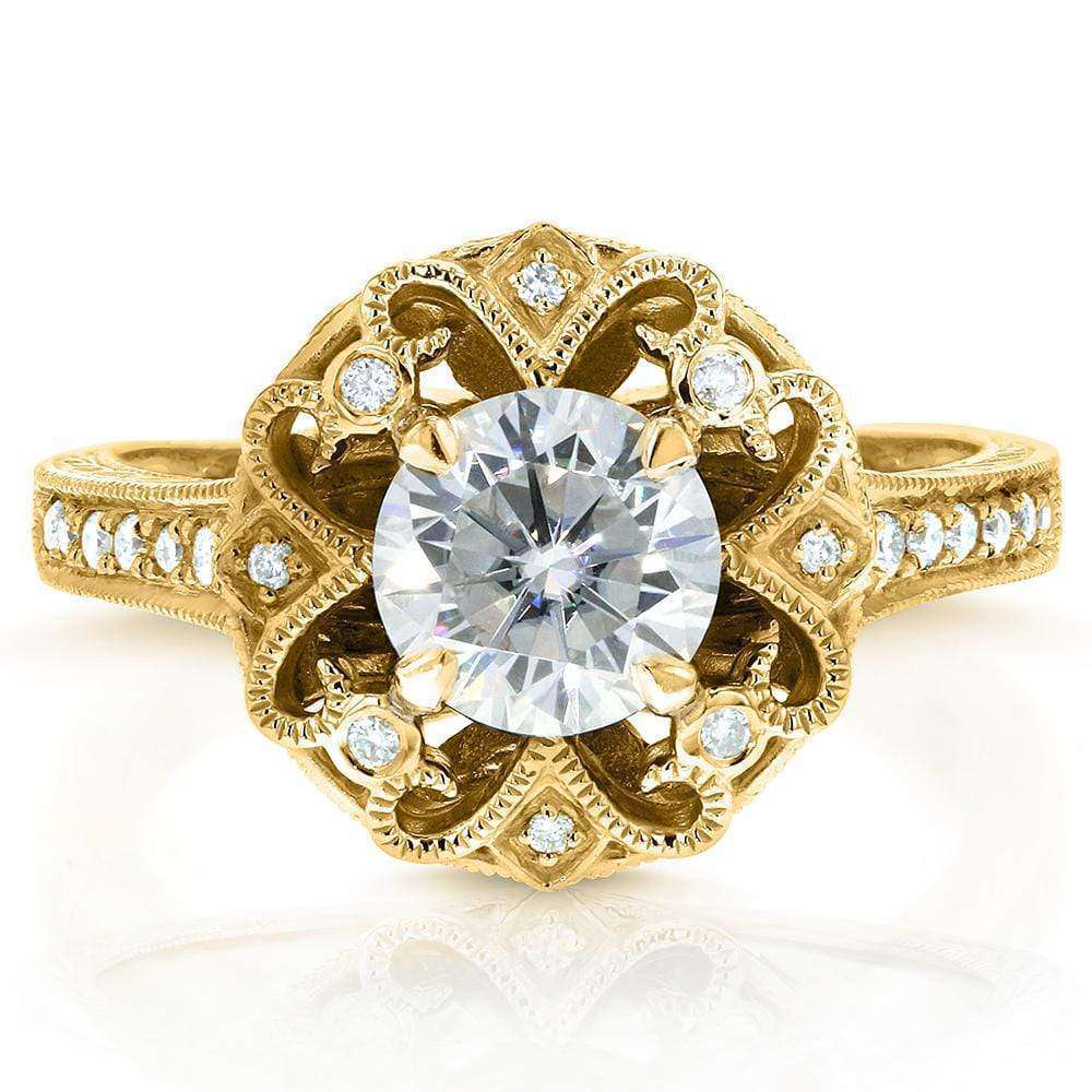 Kobelli Antique Forever One (D-F) Moissanite Engagement Ring with Diamond 1 1/5 CTW 14k Yellow Gold