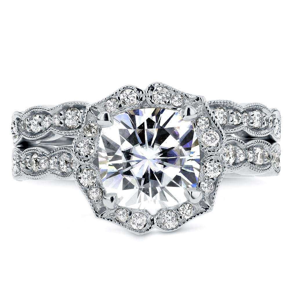 Kobelli Antique Floral Cushion-cut Moissanite Bridal Set with Diamond 2 1/6 CTW 14k White Gold