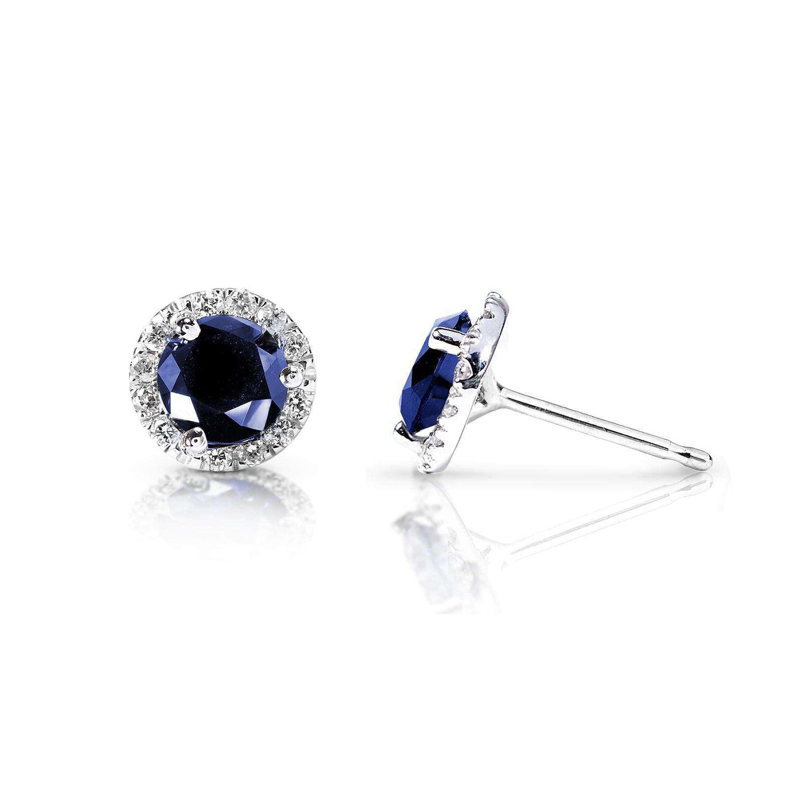 Blue Sapphire and White Diamond Halo Round Stud Earrings
