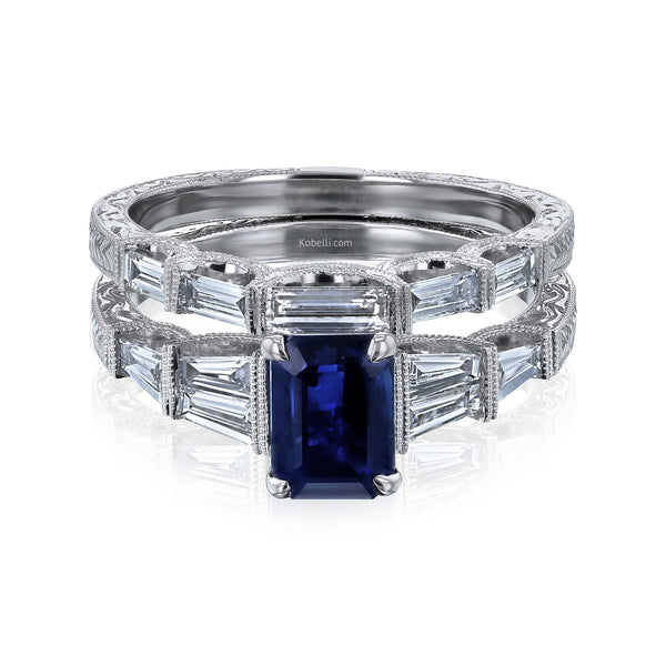 Lou 2.30ct.tw Blue Sapphire & White Baguette Diamonds with Filigree  Engravings in 18k White Gold – Kobelli