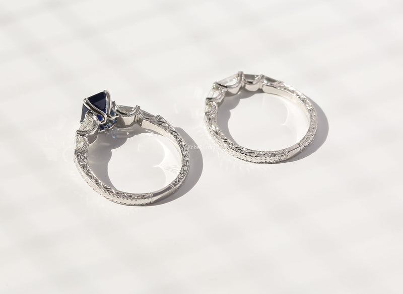 Kobelli Blue Sapphire & White Diamond Vintage Style Ring