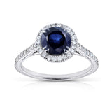 Round Blue Sapphire Centered White Gold Ring with White Diamond Halo