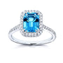 Emerald-cut Cerulean Blue Topaz with White Diamond Halo Ring