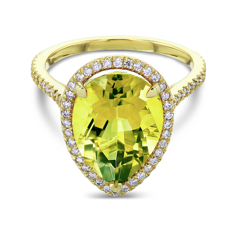 Pear shaped lime quart centered ring with white diamond halo