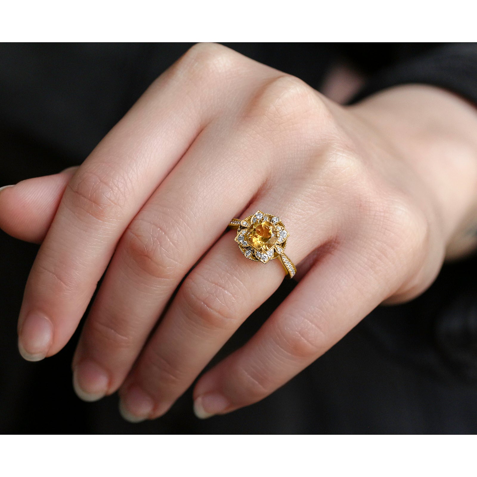 1.25 Carat Peach Citrine Floral Halo Ring