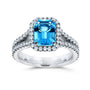 Cerulean Blue Topaz on Split Shank Engagement Ring and Rectangular Diamond Halo - double row diamond lined band halfway down the shank